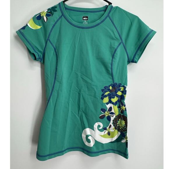 REI Women's Size Small Green Floral Swim Beach Shirt Short Sleeve Rashguard‎ Top - Picture 1 of 4